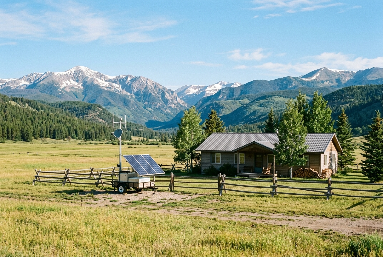 A ranch house in a Colorado mountain valley with a Colorado WiFi unit parked in the yard