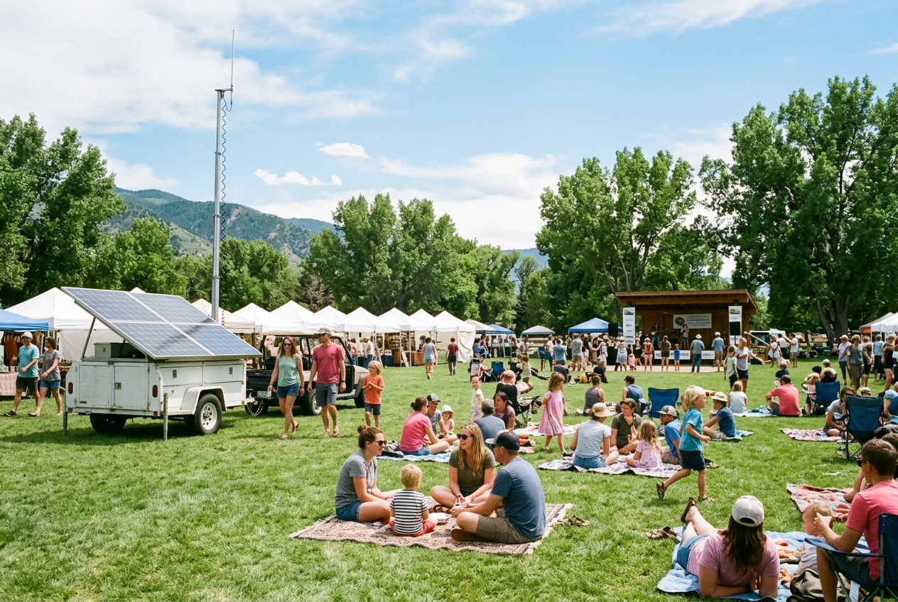 Families at a sunny Colorado community festival with a Colorado WiFi unit at the edge of the field