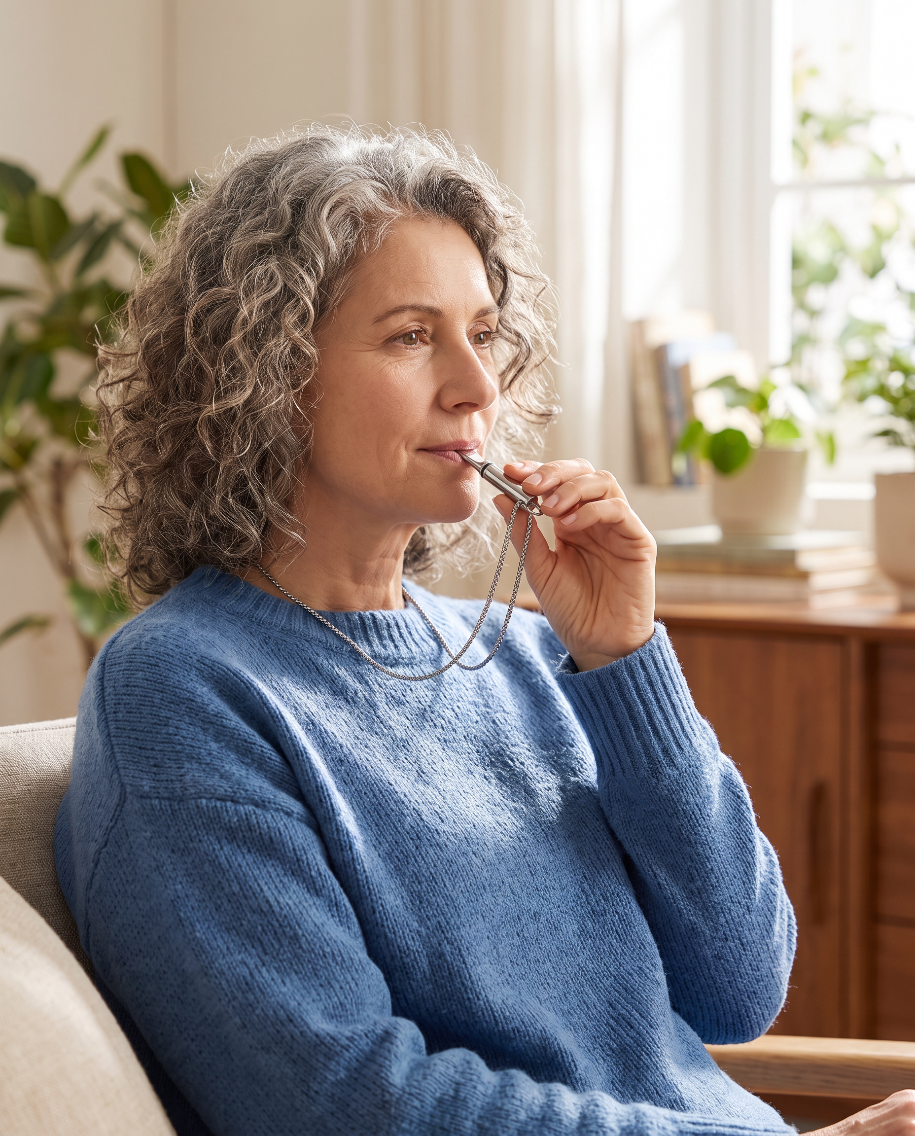 Femme utilisant le collier de respiration SansClope chez elle, en lumière naturelle