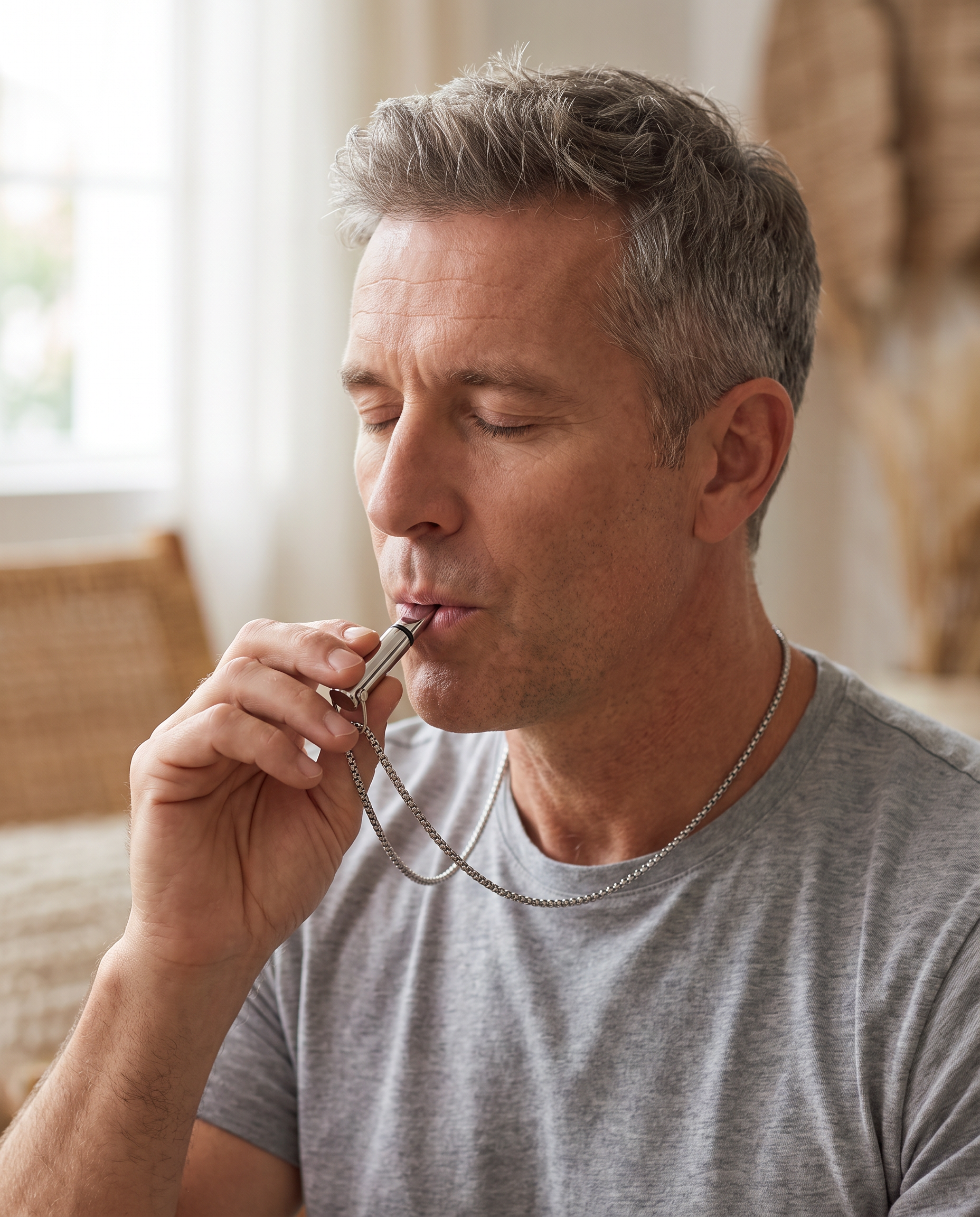 Homme en gros plan, yeux fermés, utilisant le collier de respiration SansClope