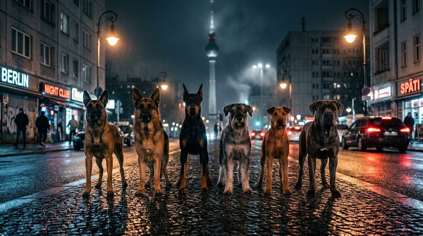 Mit KI erzeugt: sechs Hunde nebeneinander auf einer nassen Berliner Straße bei Nacht