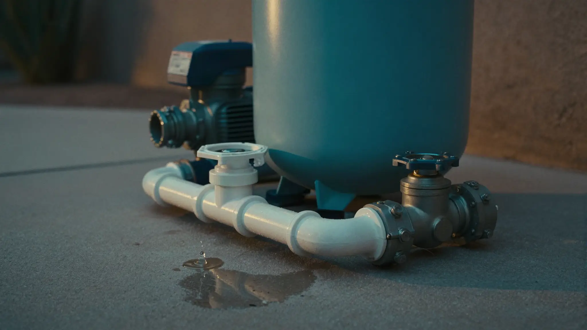 pool equipment leak at the pump and filter equipment pad