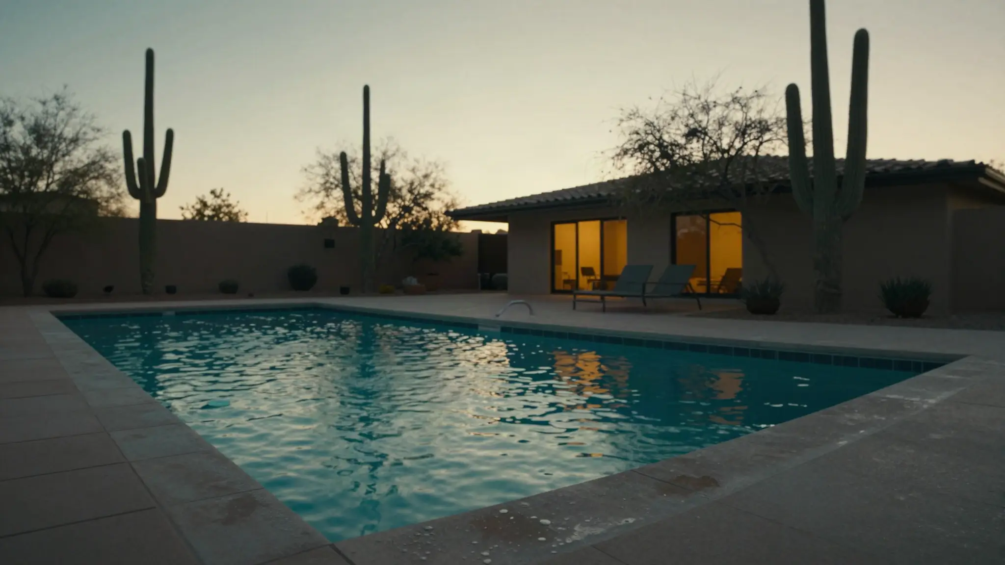 Arizona backyard swimming pool losing water at dusk — swimming pool leak detection guide