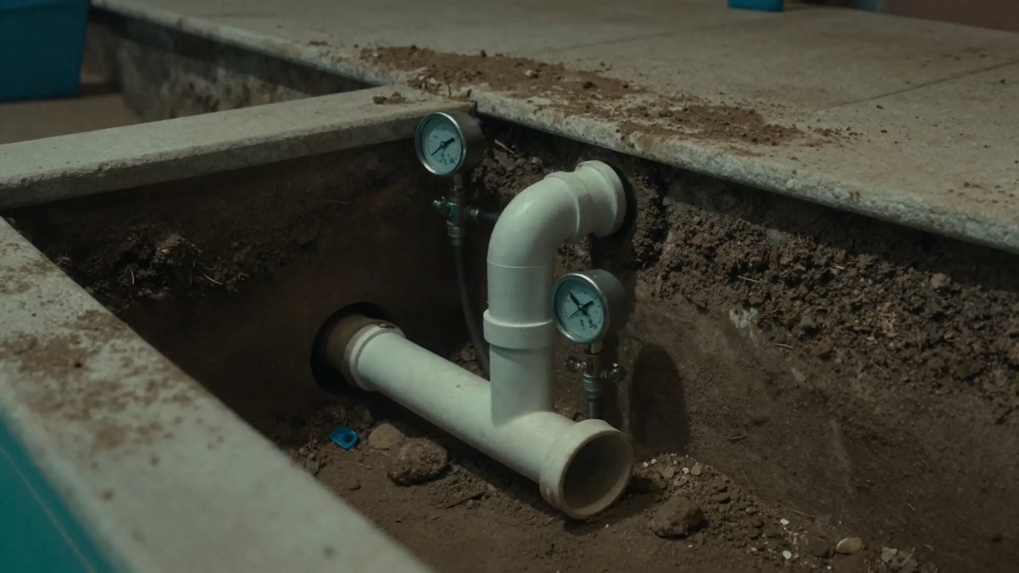 underground pool pipe leak detection with pressure testing on exposed PVC plumbing