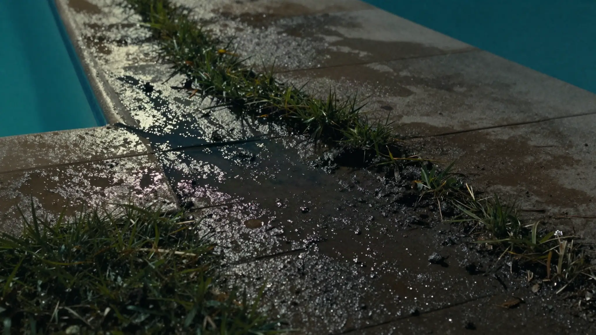 soggy wet spots and damp soil around a pool deck — a common pool leak symptom