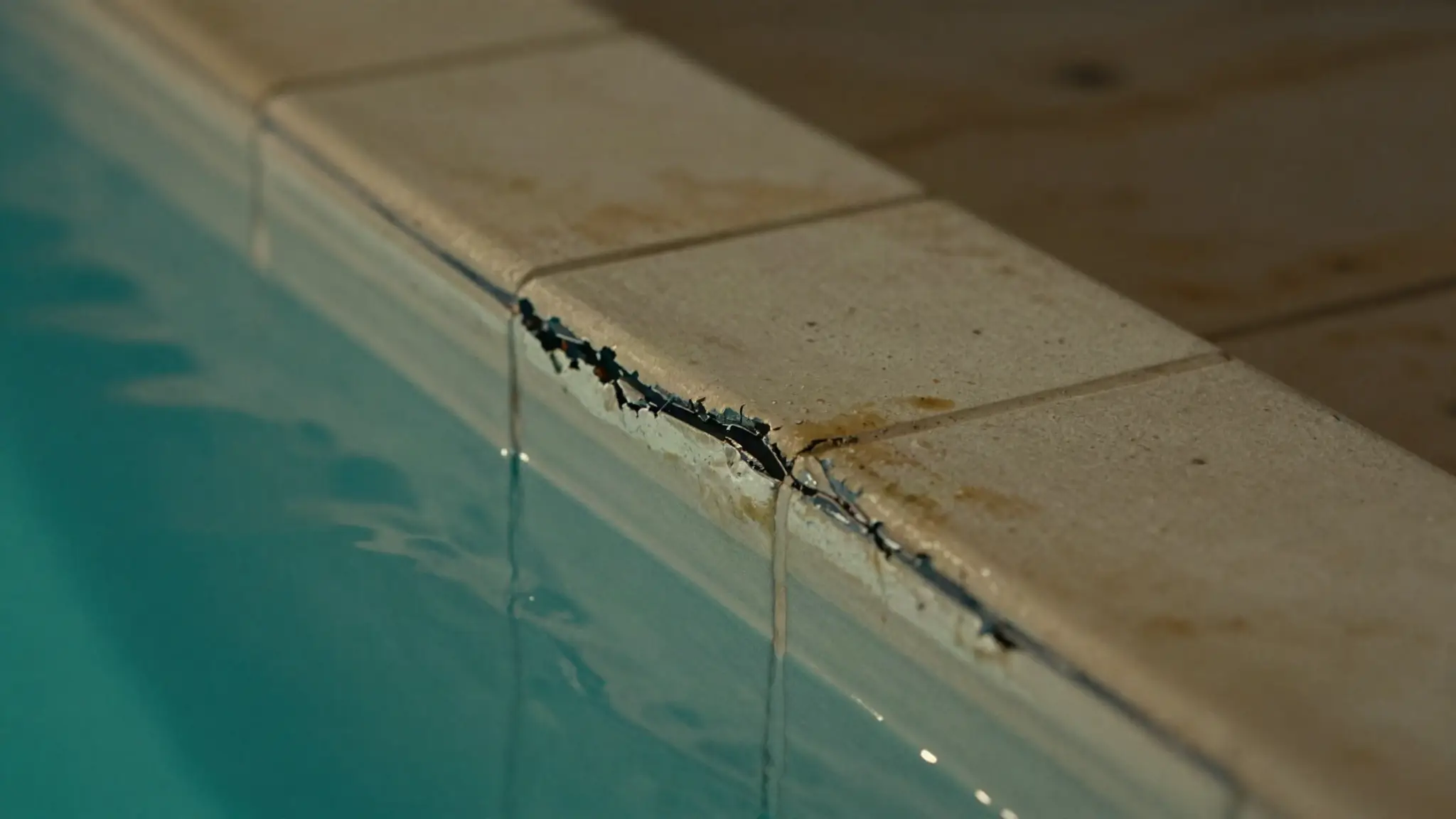crack in a pool shell with staining — a structural pool leak warning sign