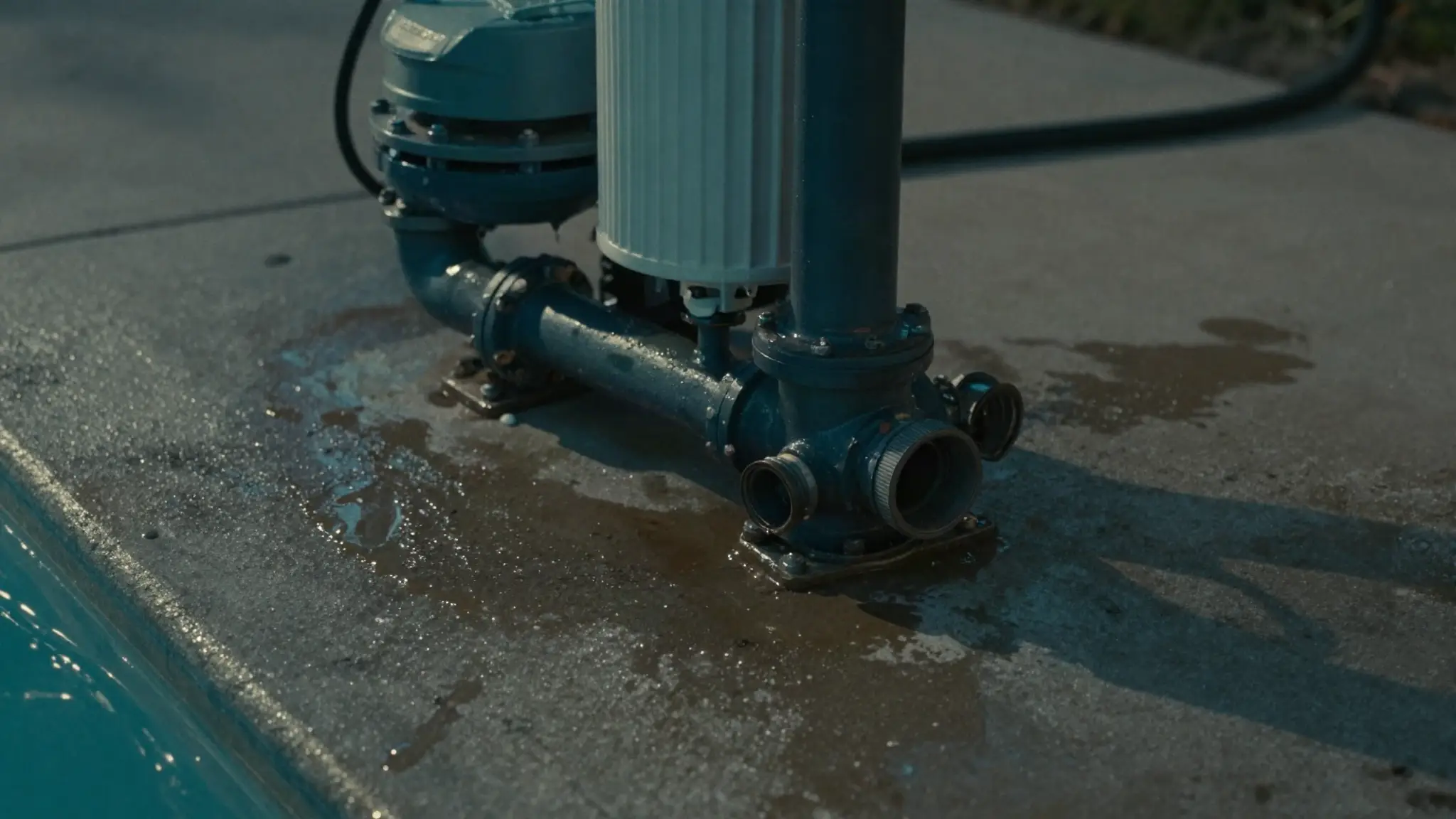 water pooling and dripping around a pool pump and filter — a pool equipment leak symptom