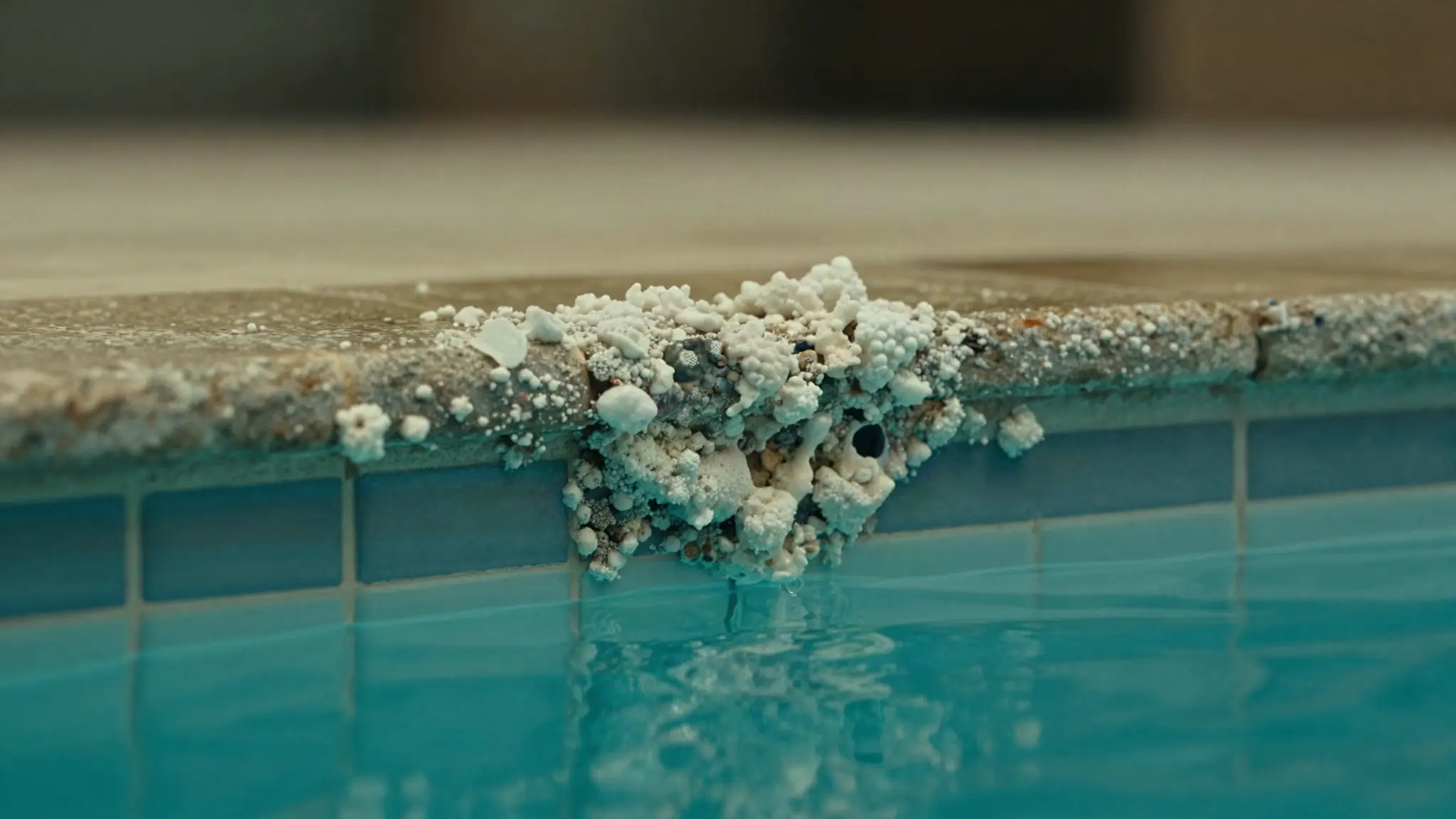 white calcium deposits around pool tile — a possible pool leak symptom