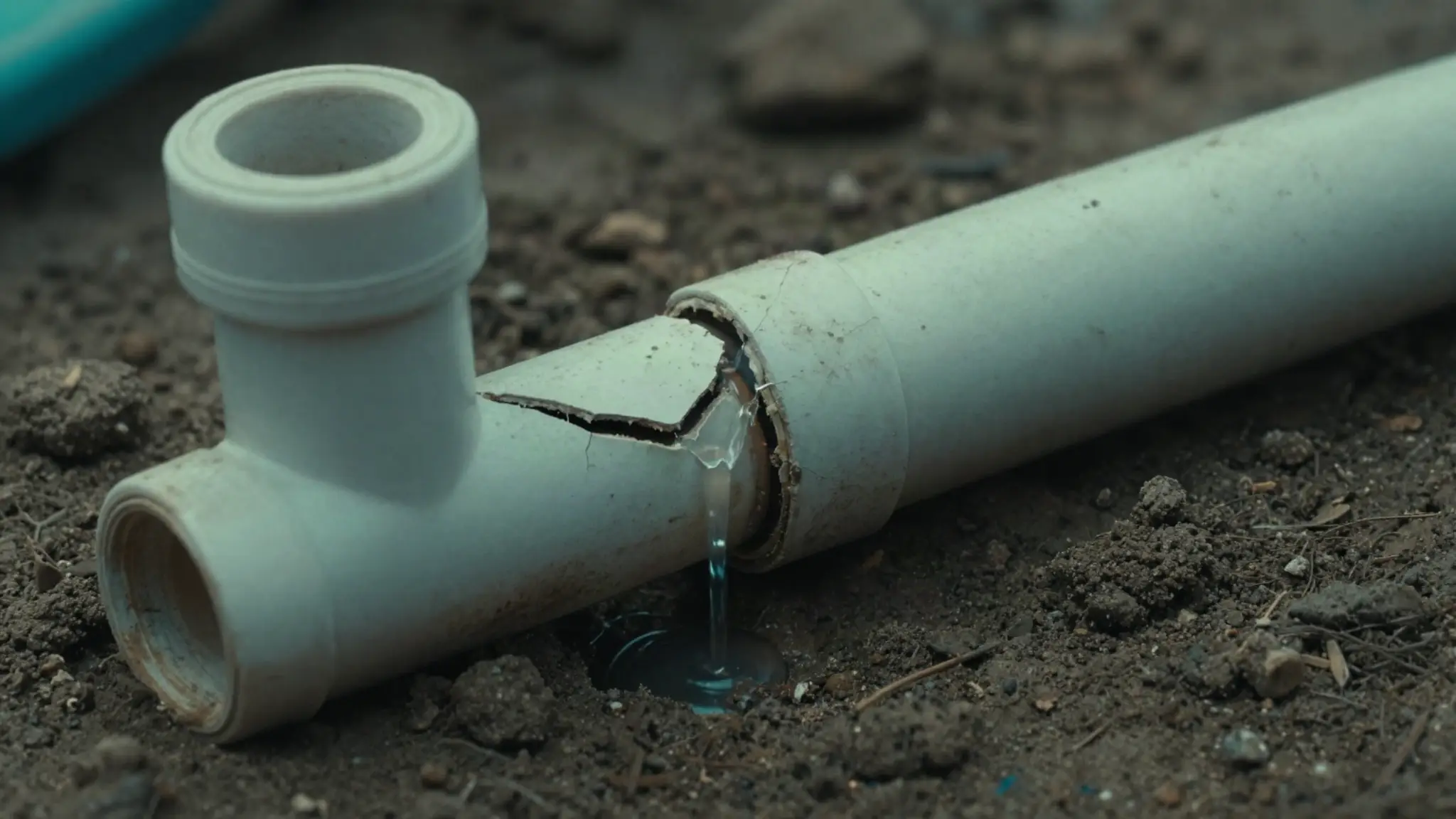 broken underground PVC pool pipe leaking water — a common cause of pool leaks