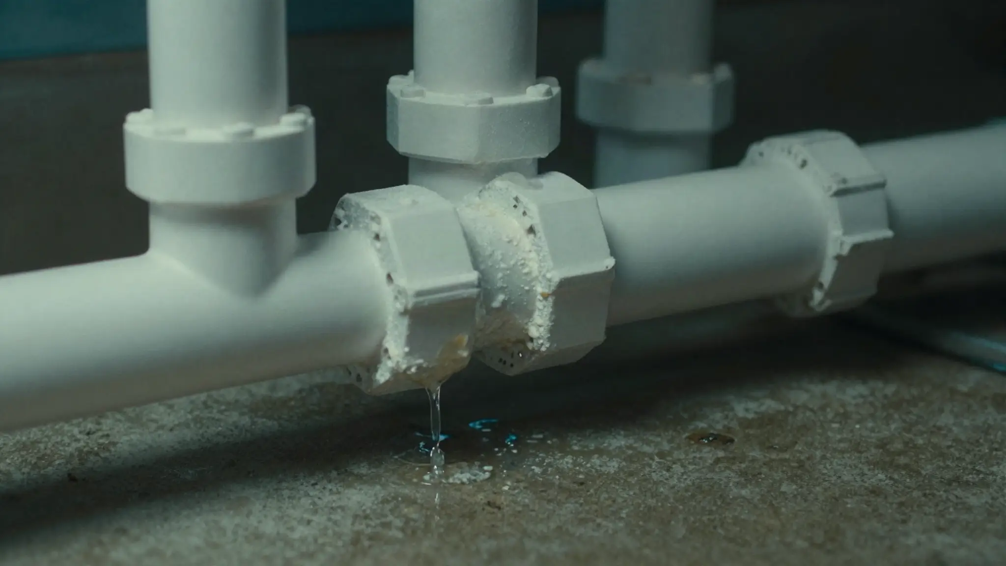 inspecting exposed pool PVC plumbing for leaks at the equipment pad