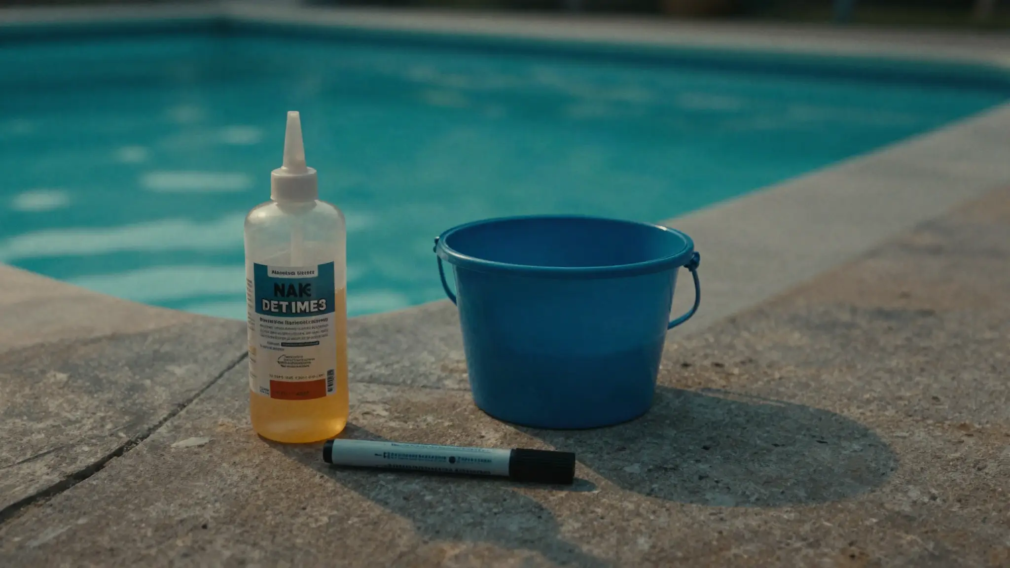 DIY pool leak testing tools — a leak-detection dye kit on the pool deck