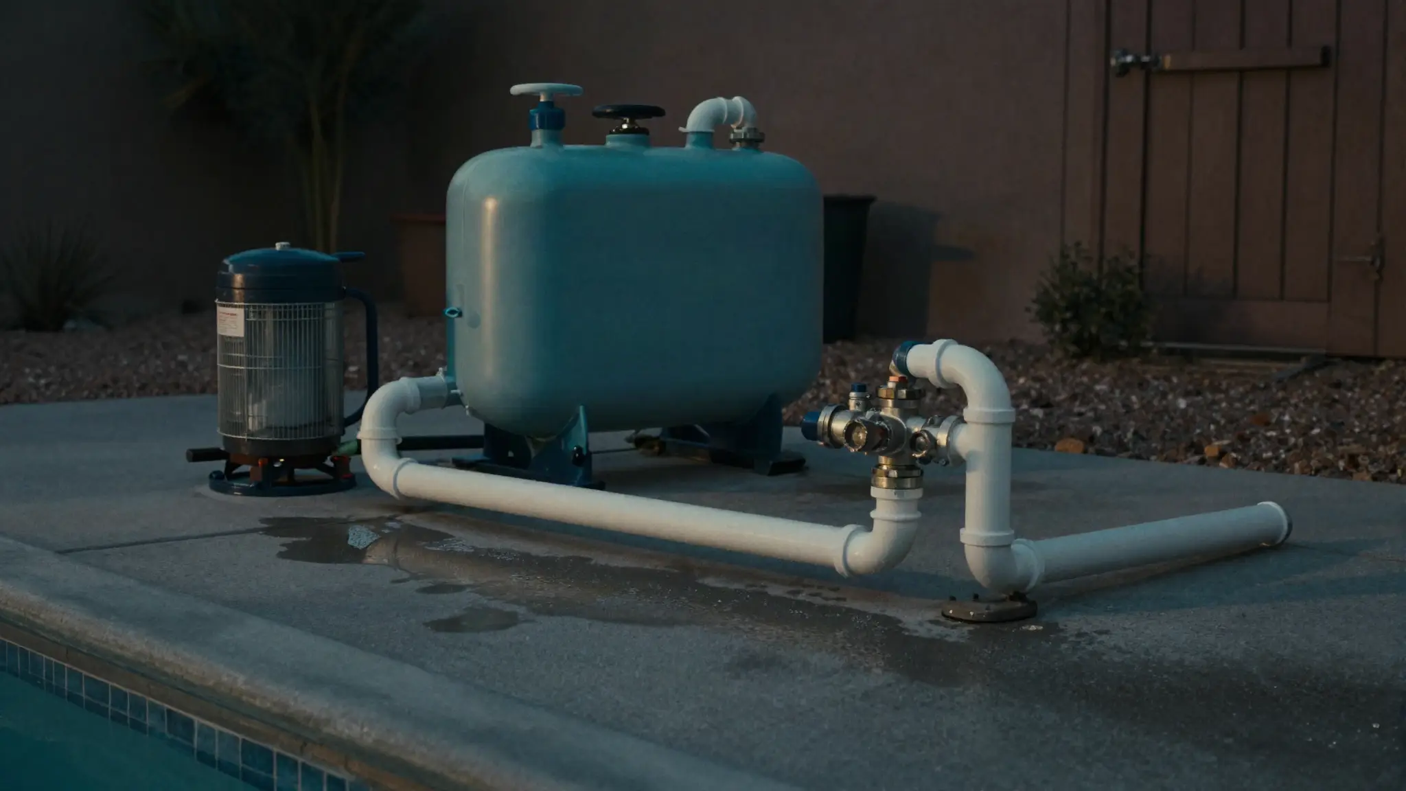 pool equipment leaks — pump, filter, heater and valves on the equipment pad