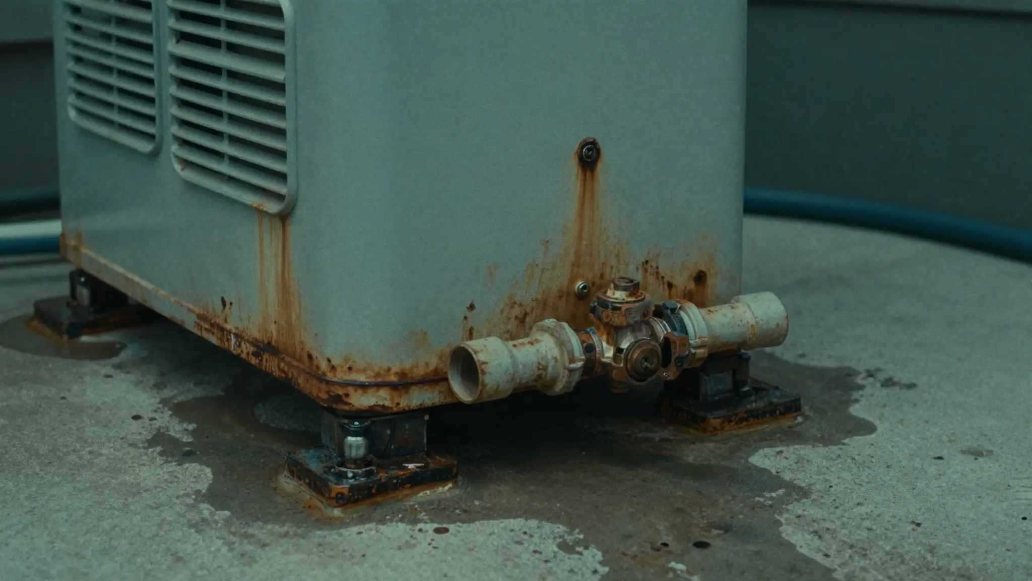 pool heater leak — corrosion and water pooling beneath the heater