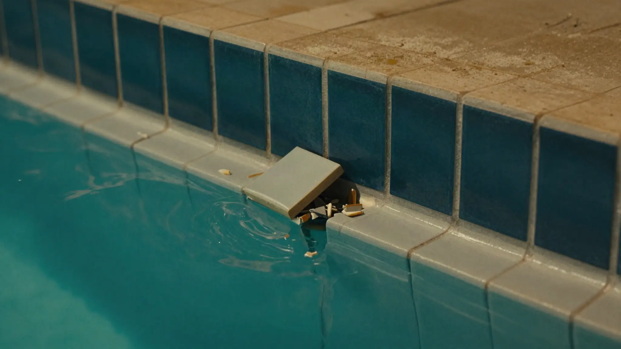 loose and missing pool tile at the waterline