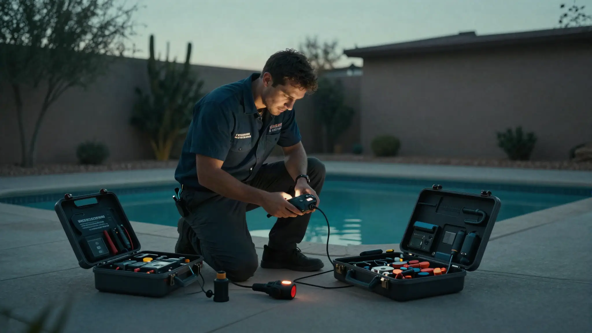 choosing a pool leak detection company — a professional technician inspecting an Arizona pool