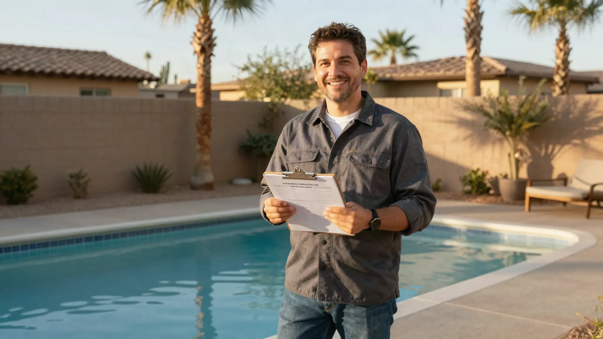 pool leak repair cost — a technician reviewing a repair estimate beside an Arizona backyard pool