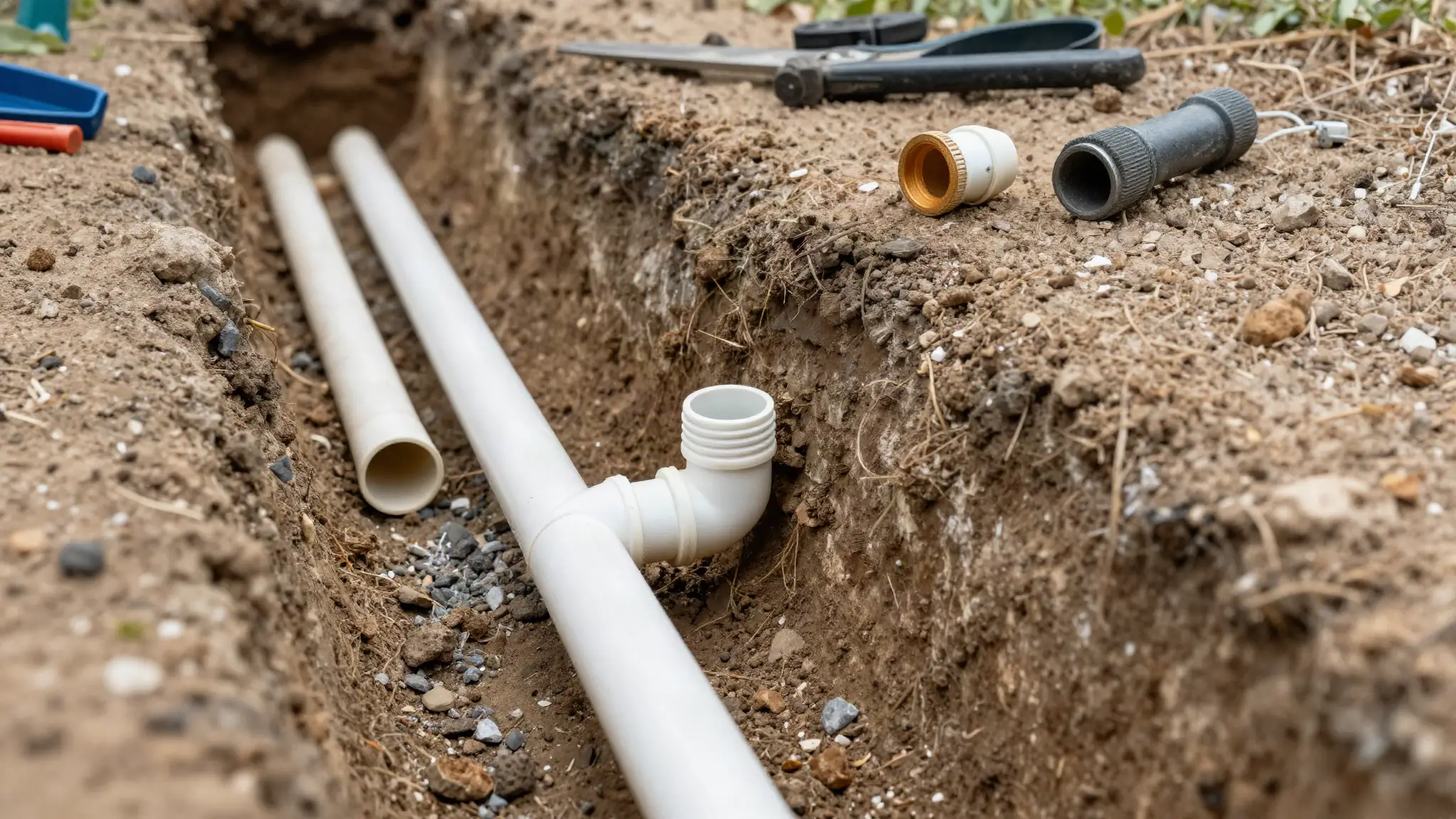 excavated underground pool plumbing pipe being repaired in a backyard