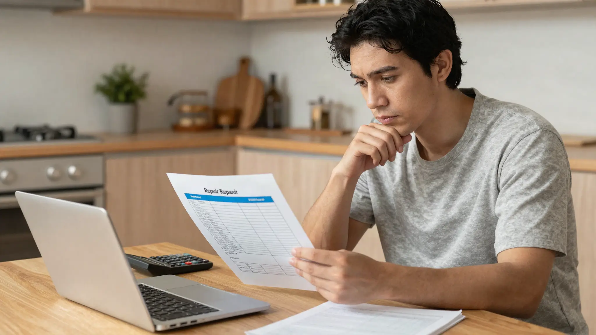 homeowner reviewing a written pool leak repair estimate to compare costs