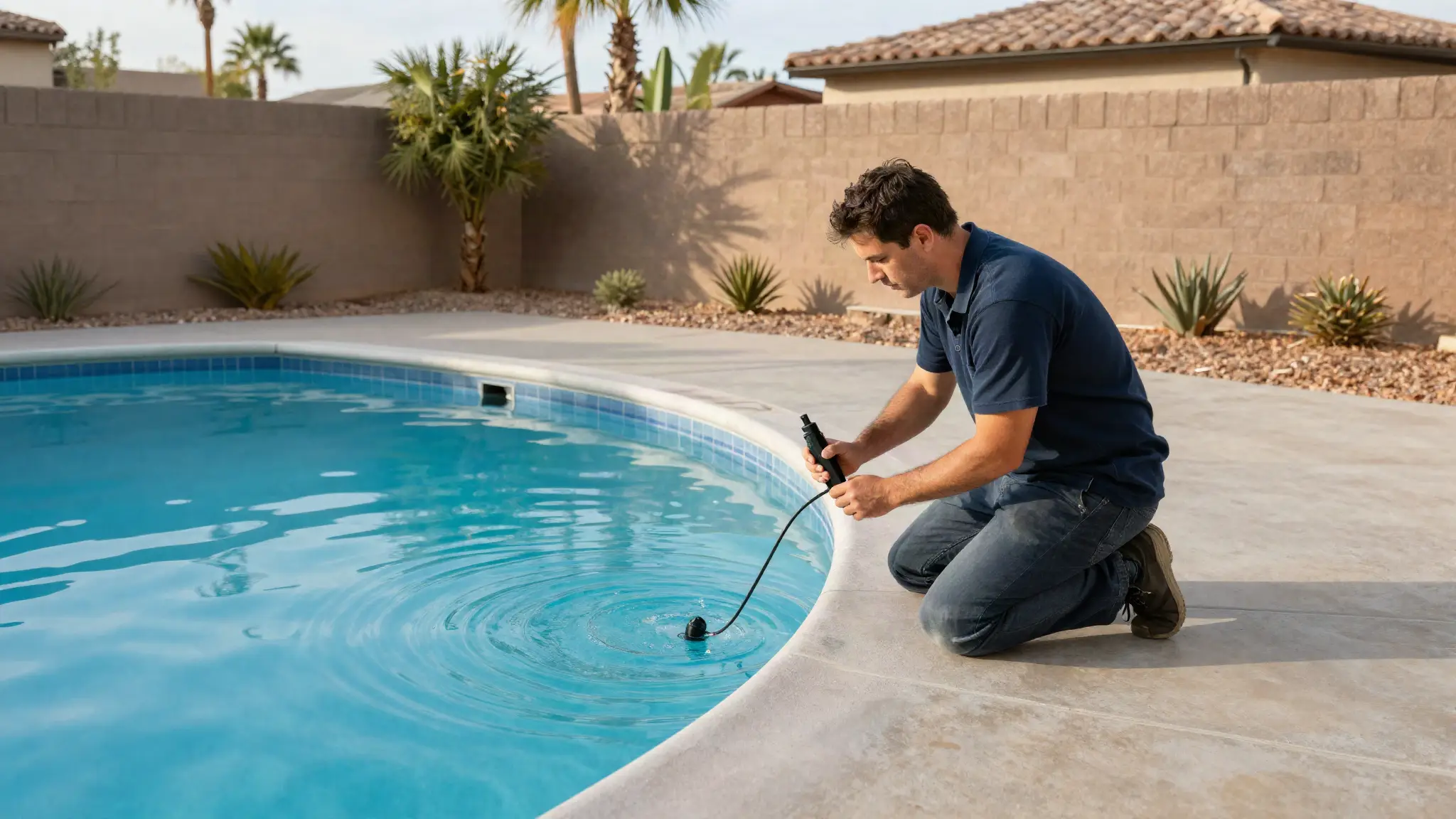 pool leak detection technician using electronic listening equipment beside an Arizona backyard pool