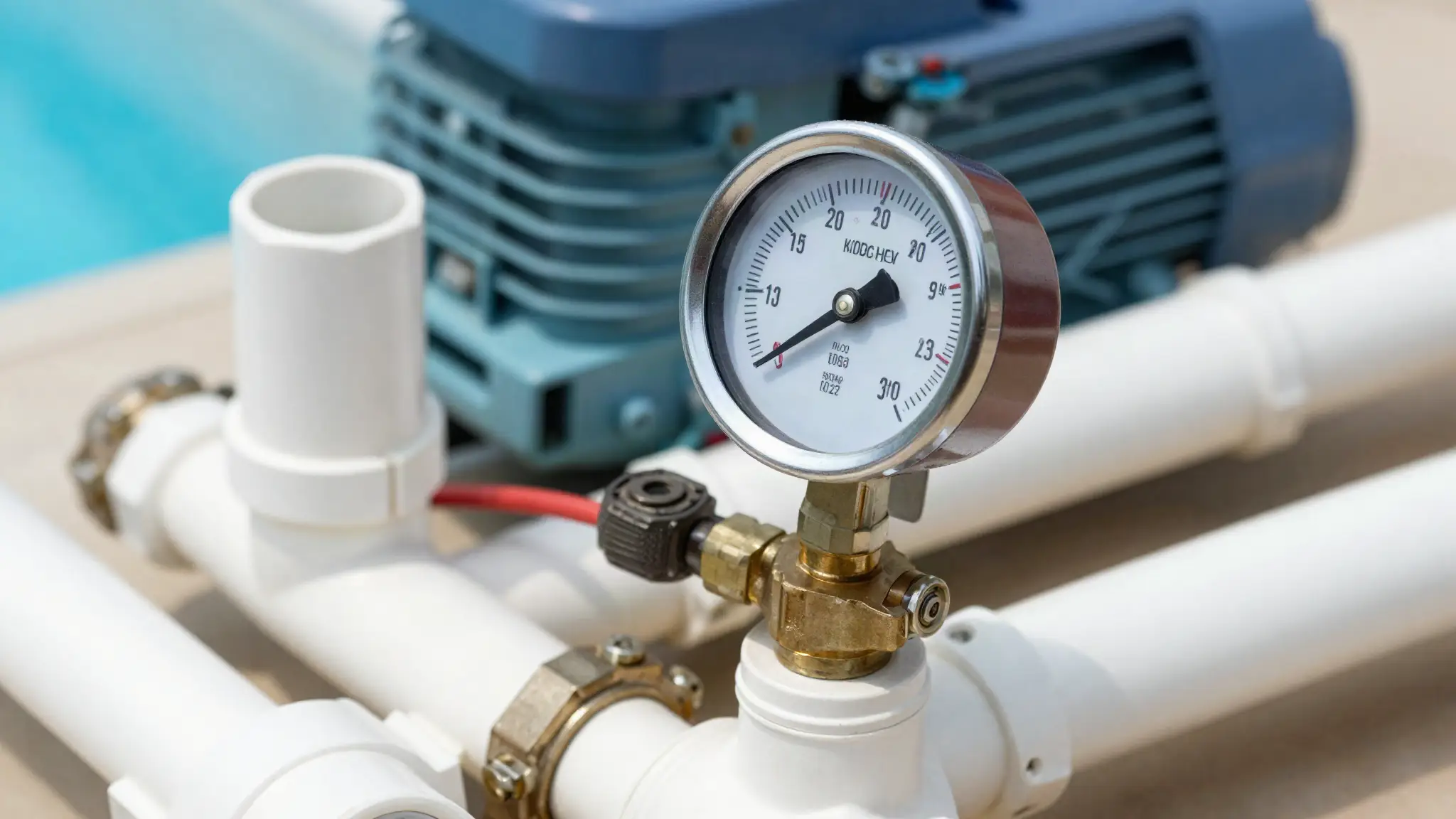 pressure testing pool plumbing lines with a gauge at the equipment pad during leak detection