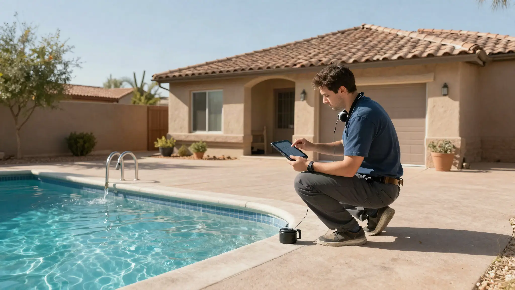 pool leak detection vs repair — a specialist explaining pool leak findings to a homeowner on a tablet