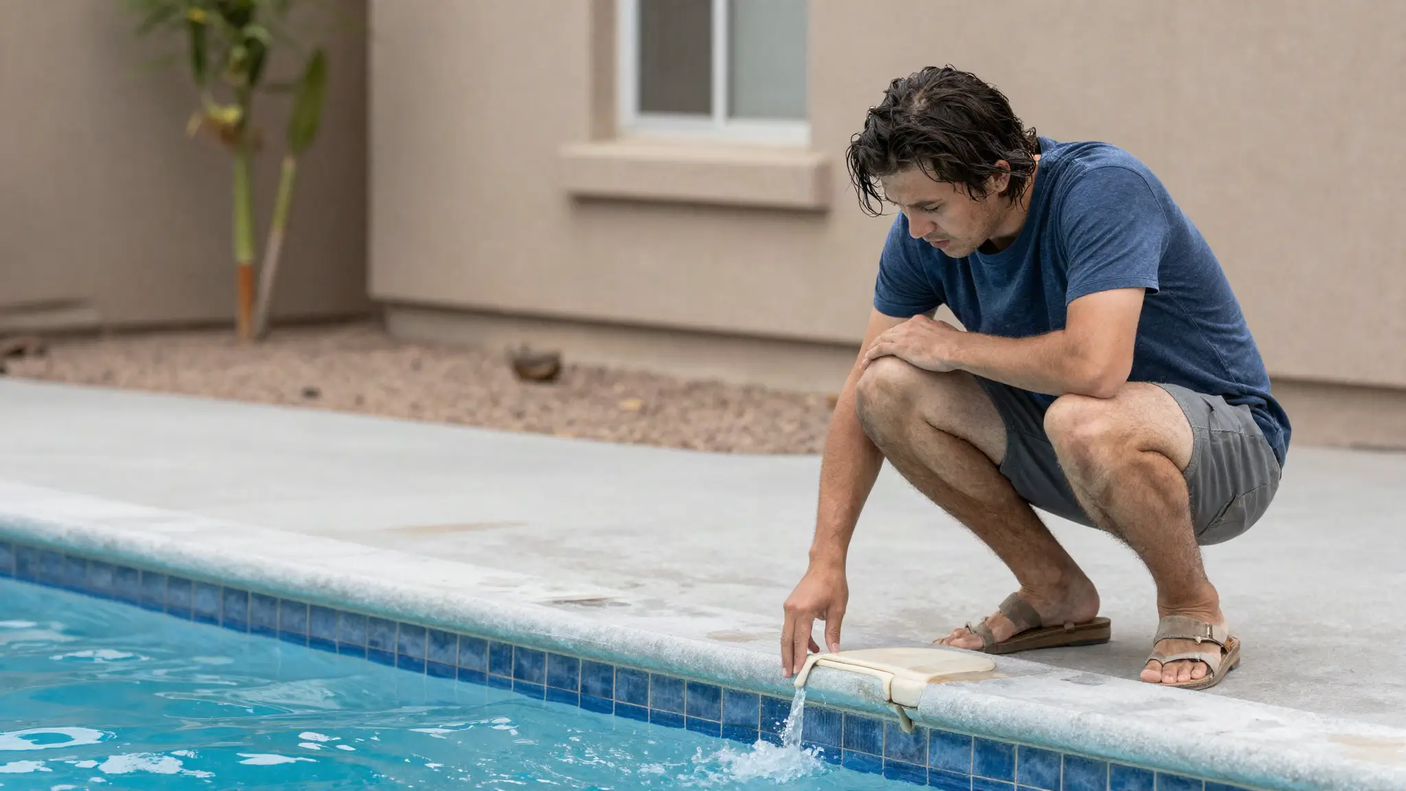 homeowner checking a dropping pool water level against the tile line to know if the pool has a leak