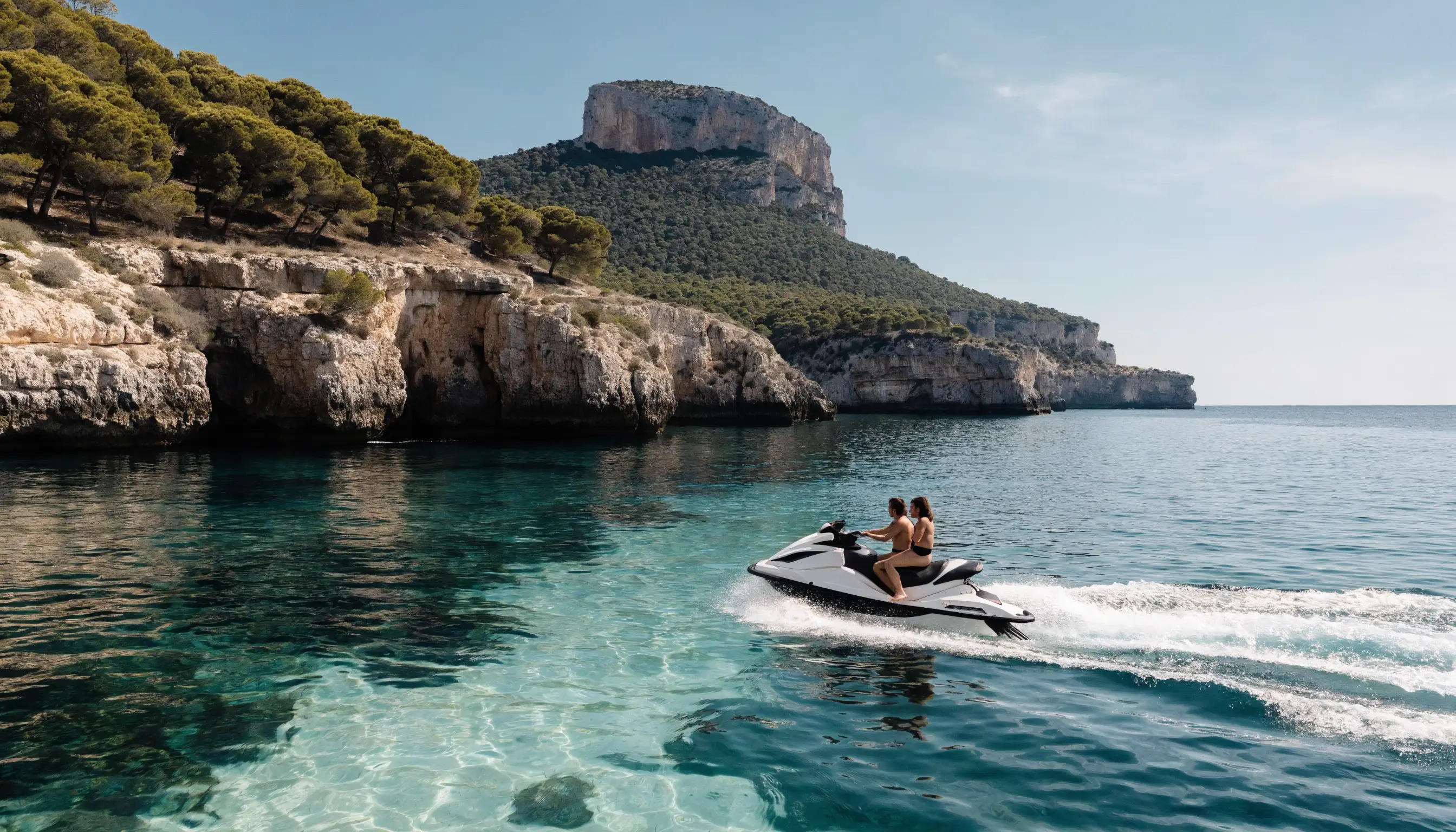 A couple riding a jet ski together across open Mediterranean water