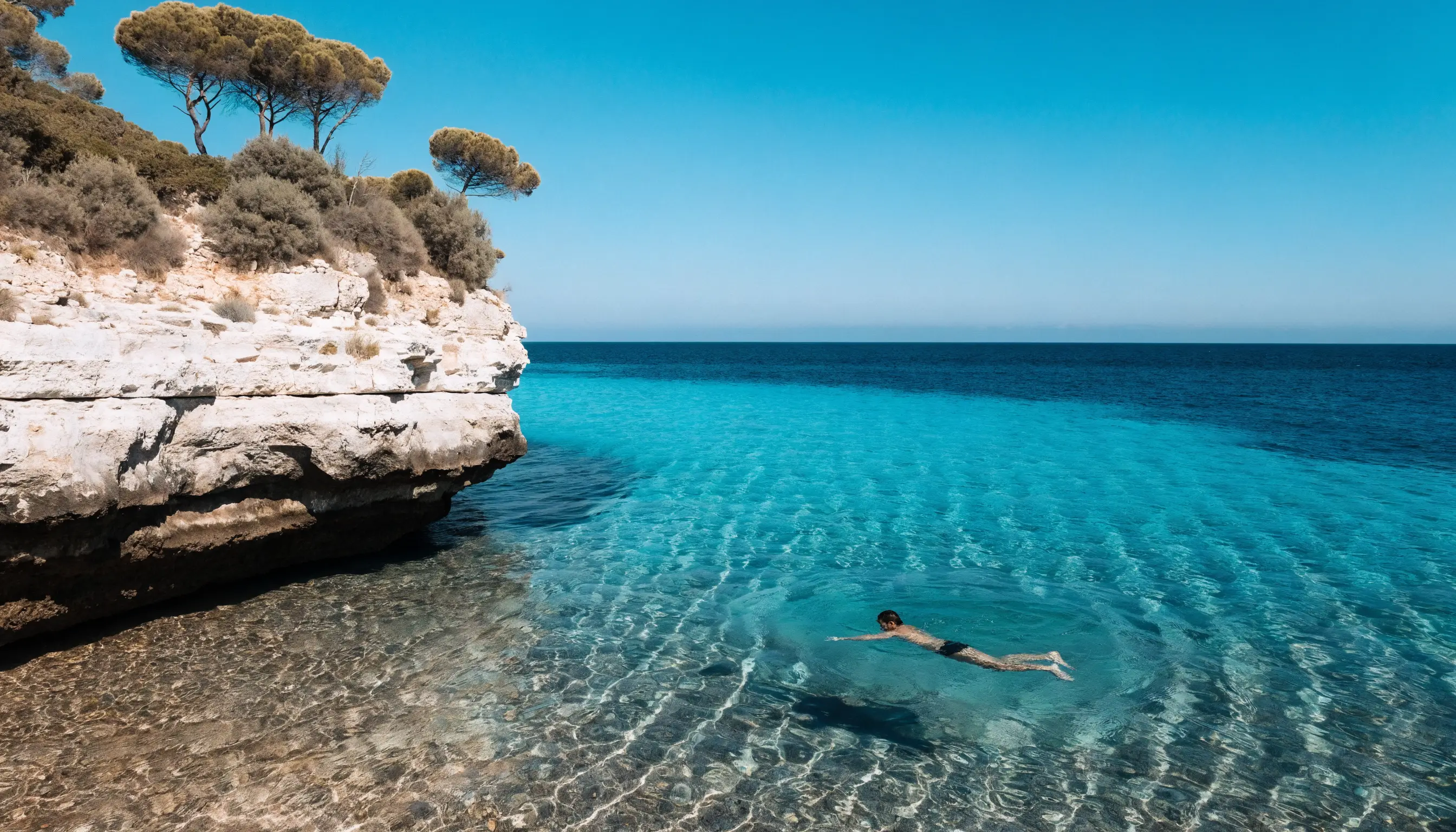 A swimmer gliding through clear turquoise water beside a limestone cliff