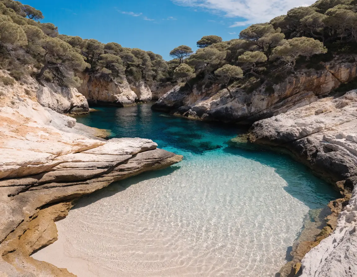 A narrow cove of still water enclosed by pines