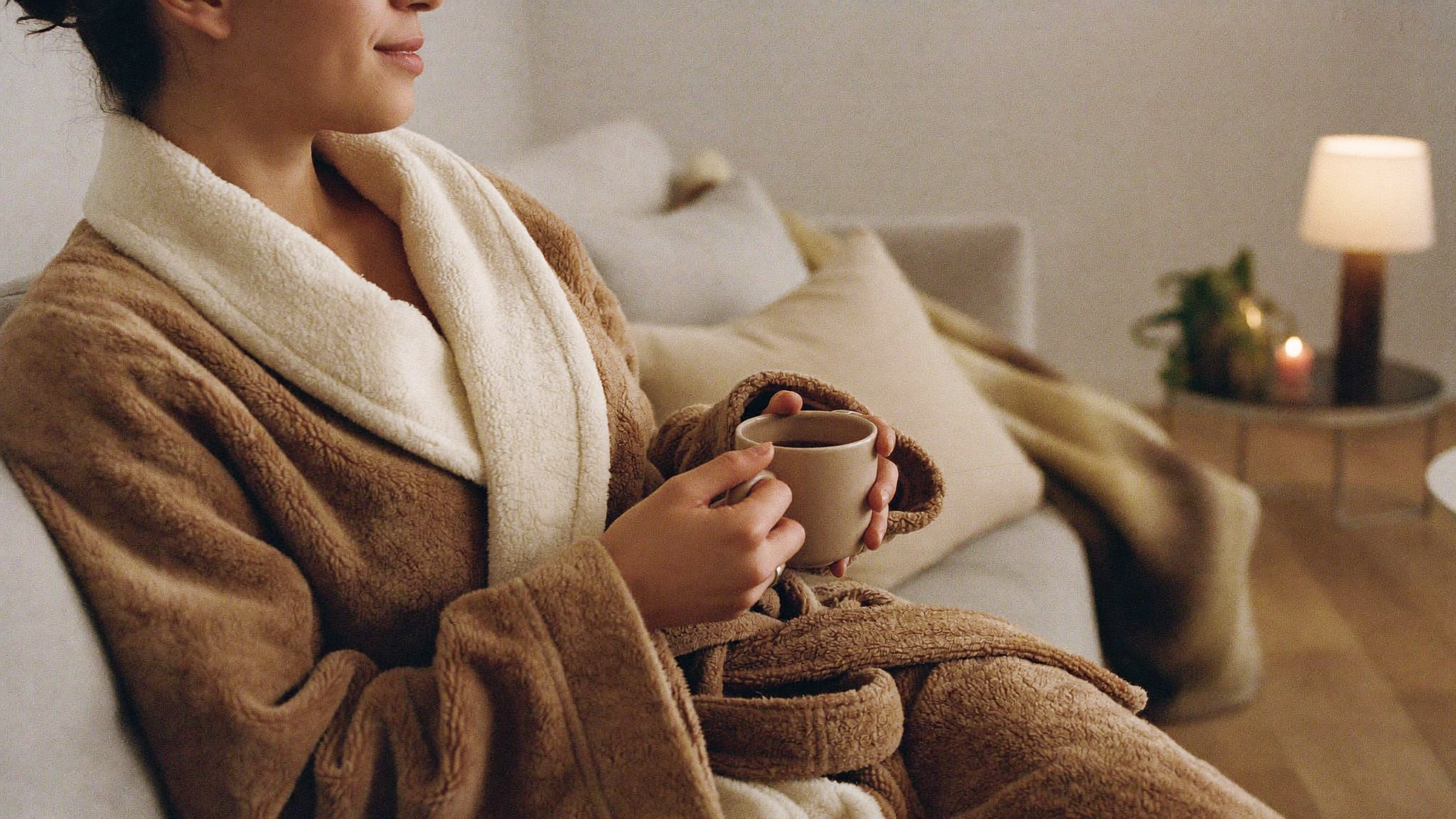 Personne confortablement installée dans un peignoir polaire, ambiance cocooning