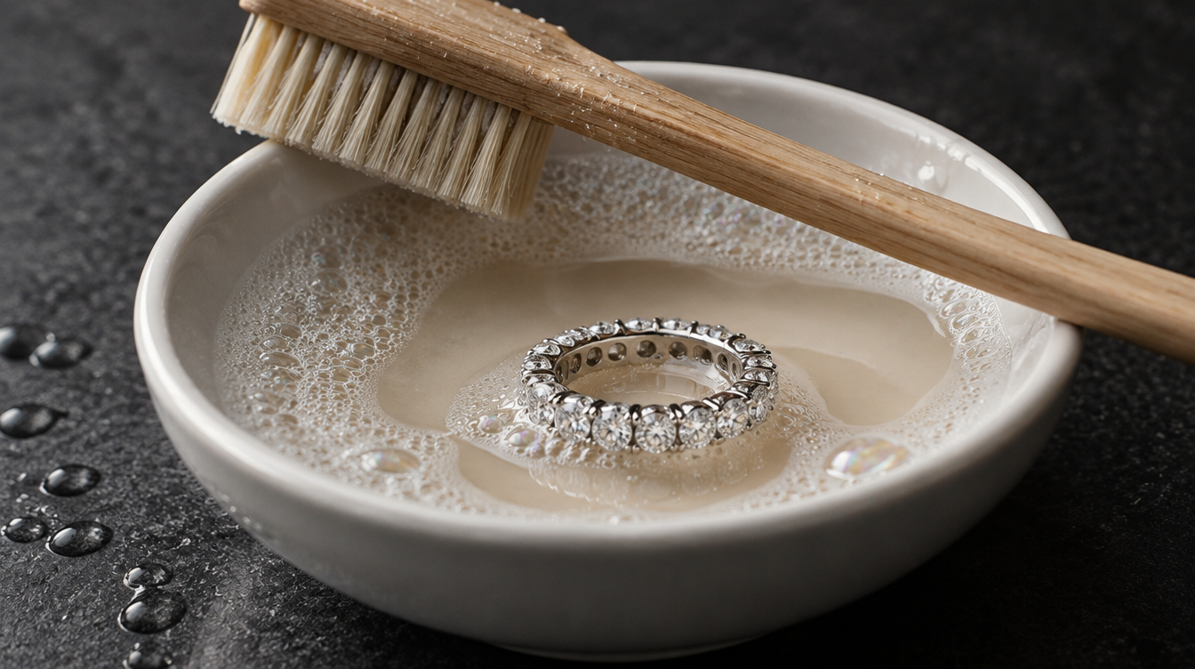Diamond eternity ring soaking in a shallow dish of warm soapy water with a soft-bristled brush resting on the rim