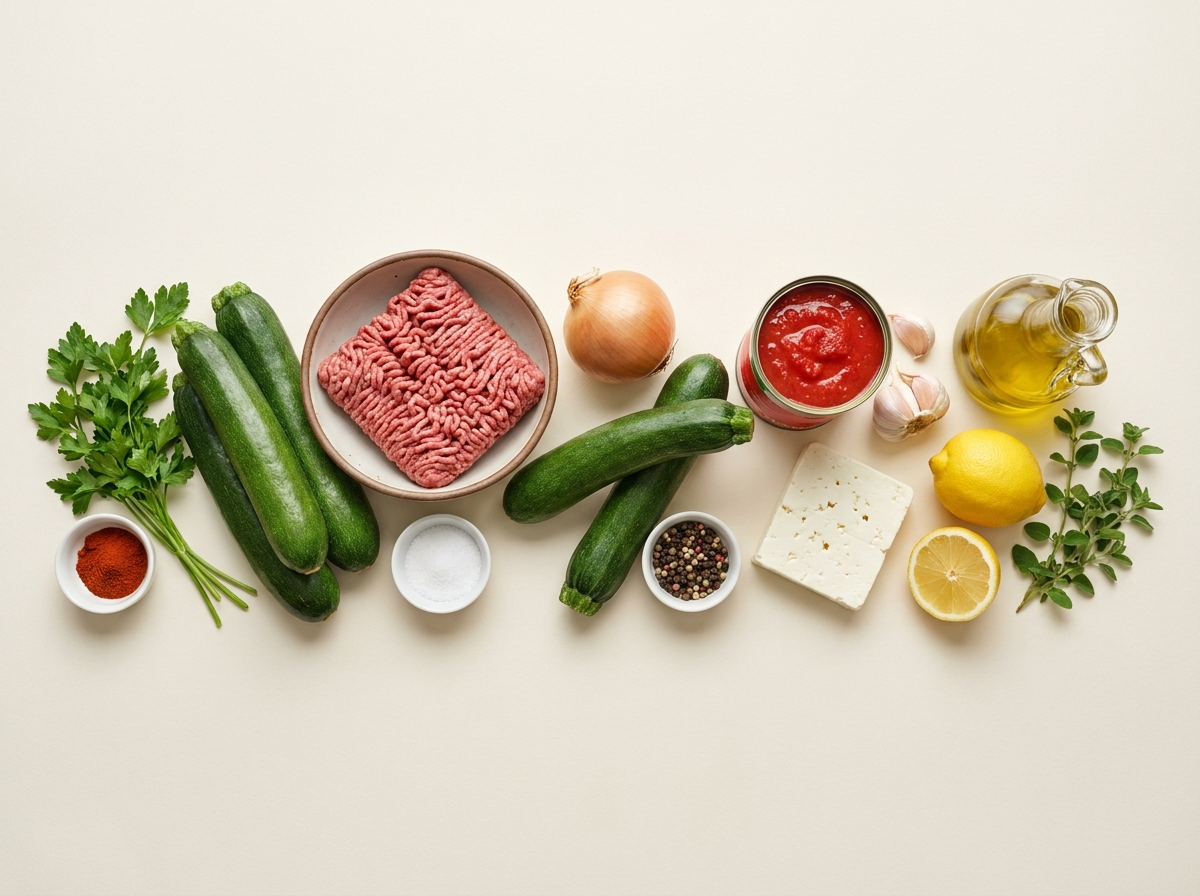Raw ingredients for Mediterranean stuffed zucchini boats arranged for prep