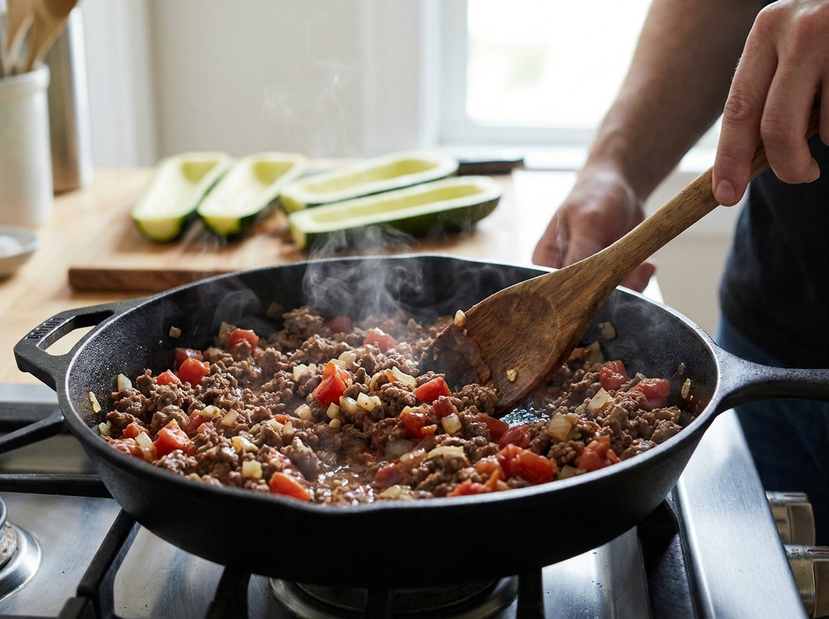 Ground beef and tomato filling simmering in a skillet for zucchini boats