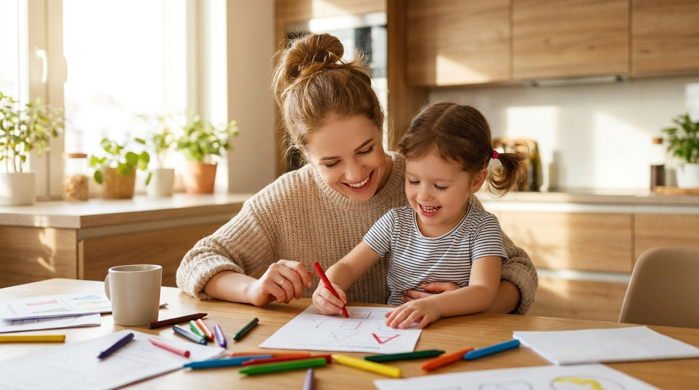 Mother and daughter doing Tiny Scholars printable worksheets together at the kitchen table
