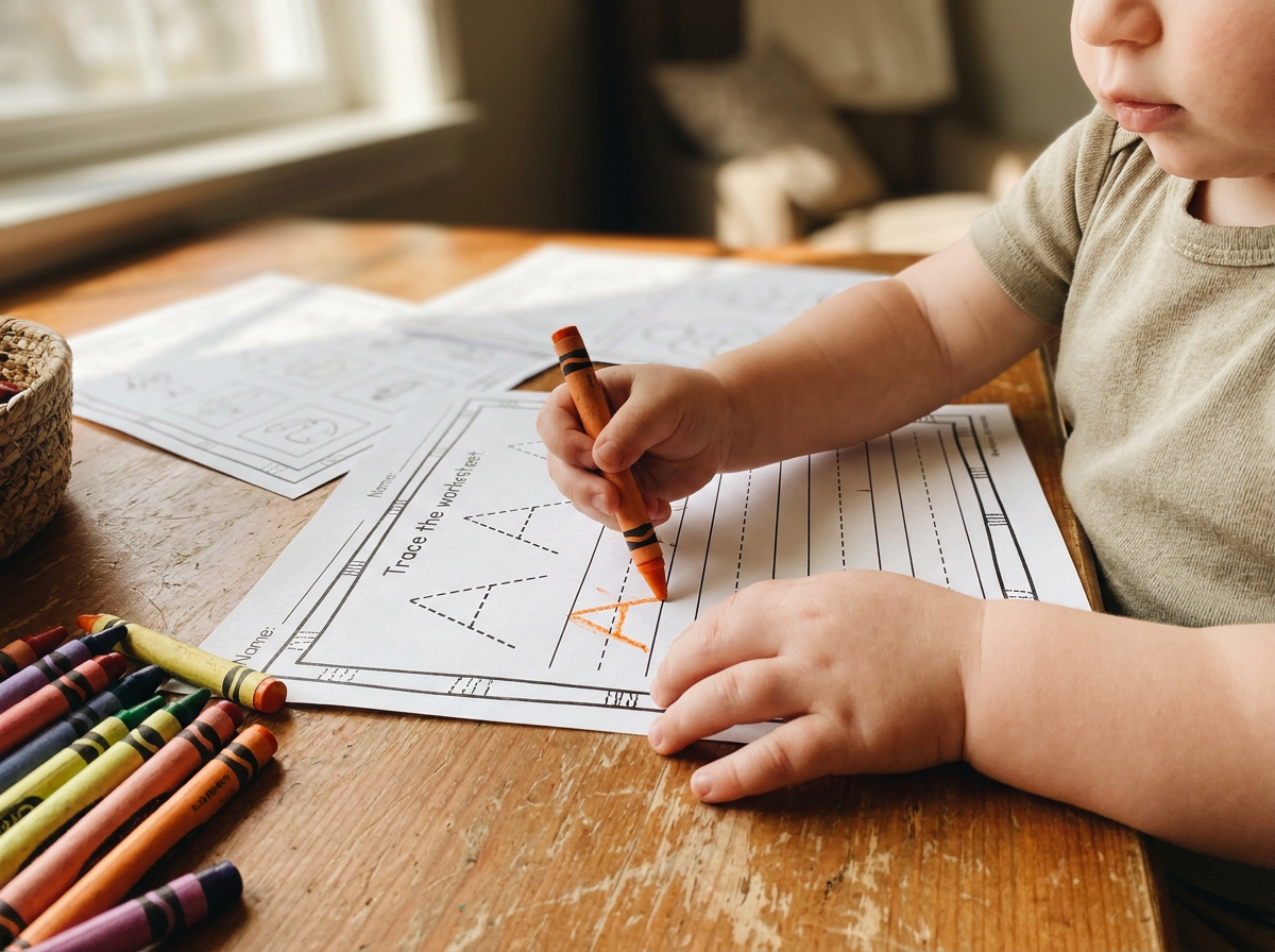 Toddler tracing a dashed letter on a printed worksheet with an orange crayon