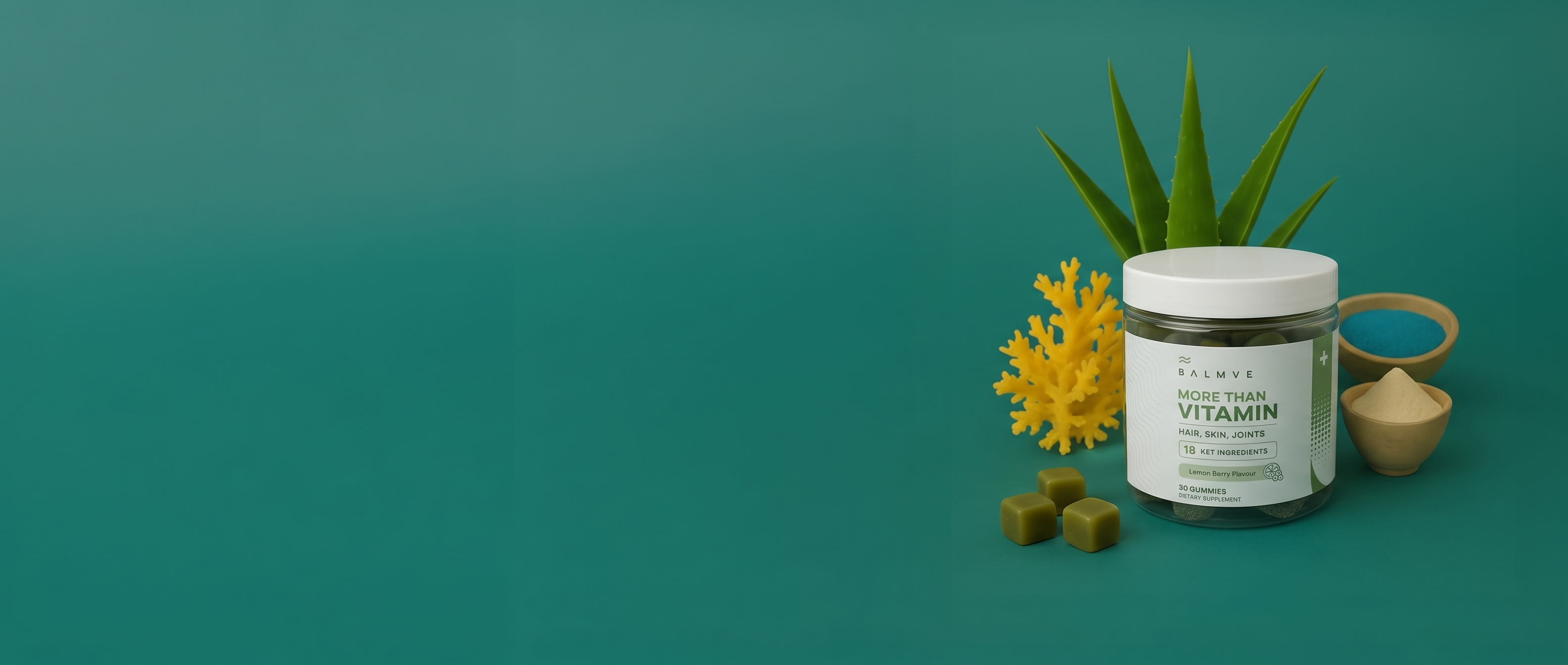 A jar labeled 'Revive' with aloe plant and decorative elements against a green background.