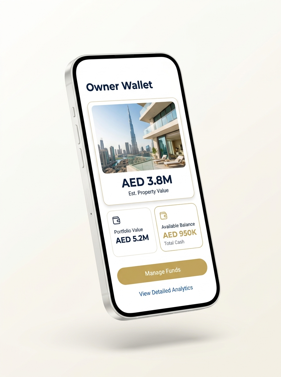 Owner Wallet mobile app showing a Dubai property portfolio, documents and value