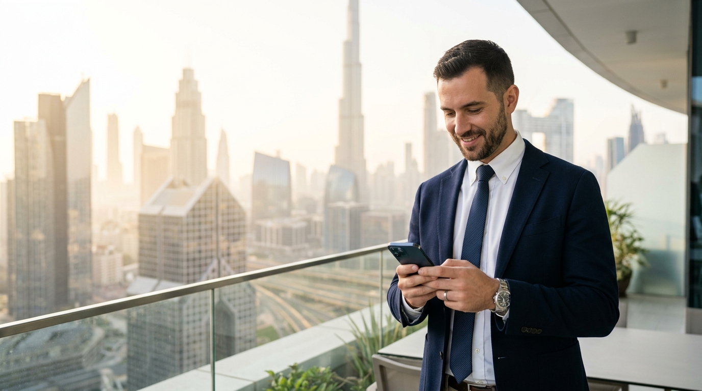 Dubai real estate agent using Property.Expert on a phone with the city skyline behind
