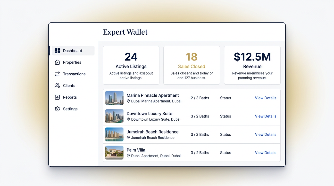 Expert Wallet dashboard showing Dubai listings, leads and branded sharing
