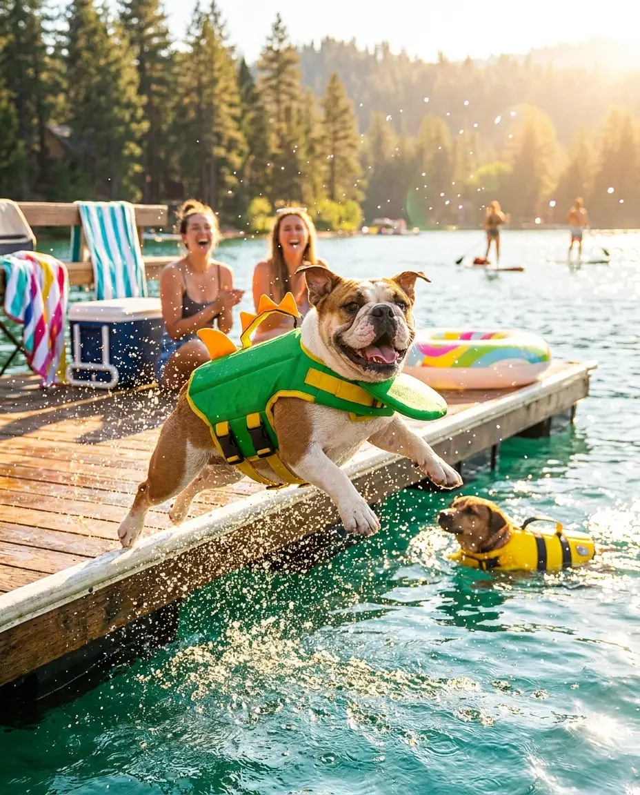 Dog wearing Float Core life jacket jumping into the water