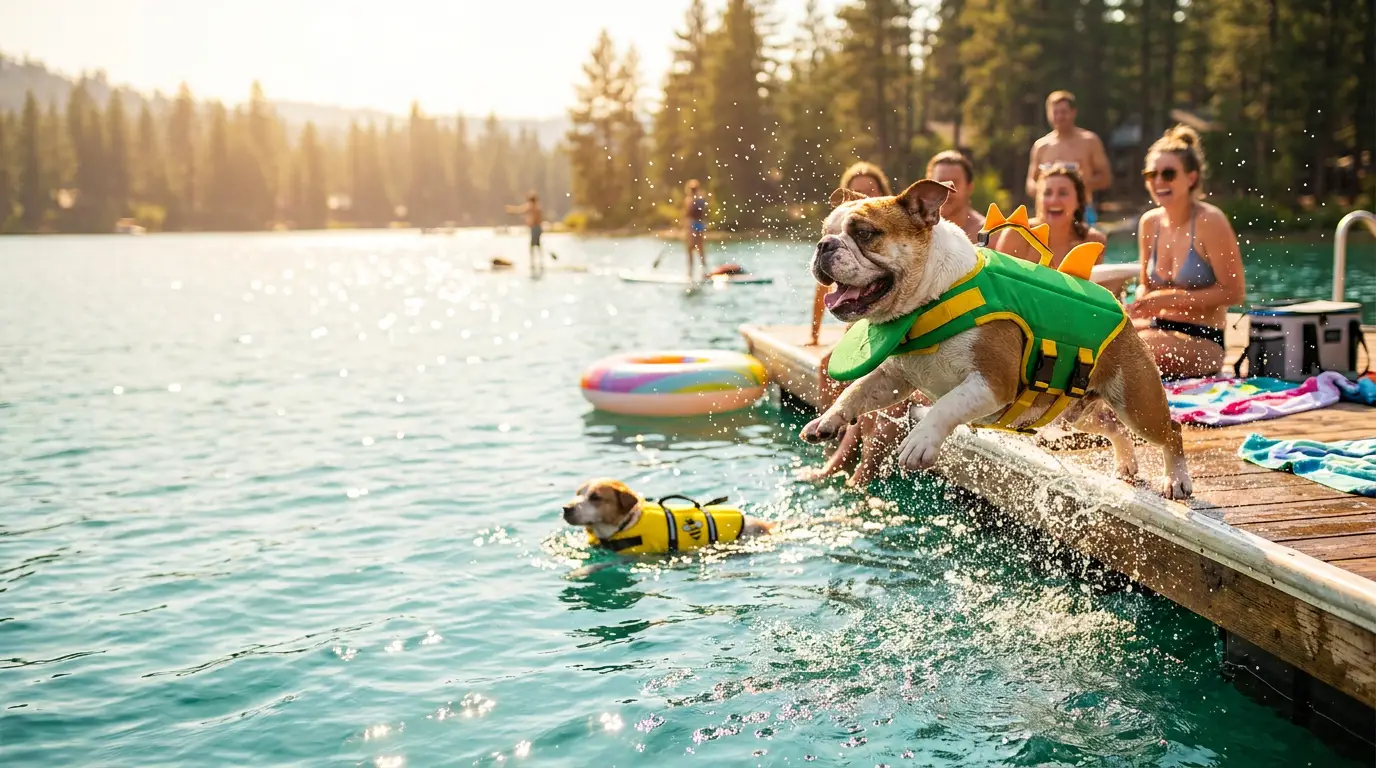 Dog wearing Float Core life jacket jumping into the water