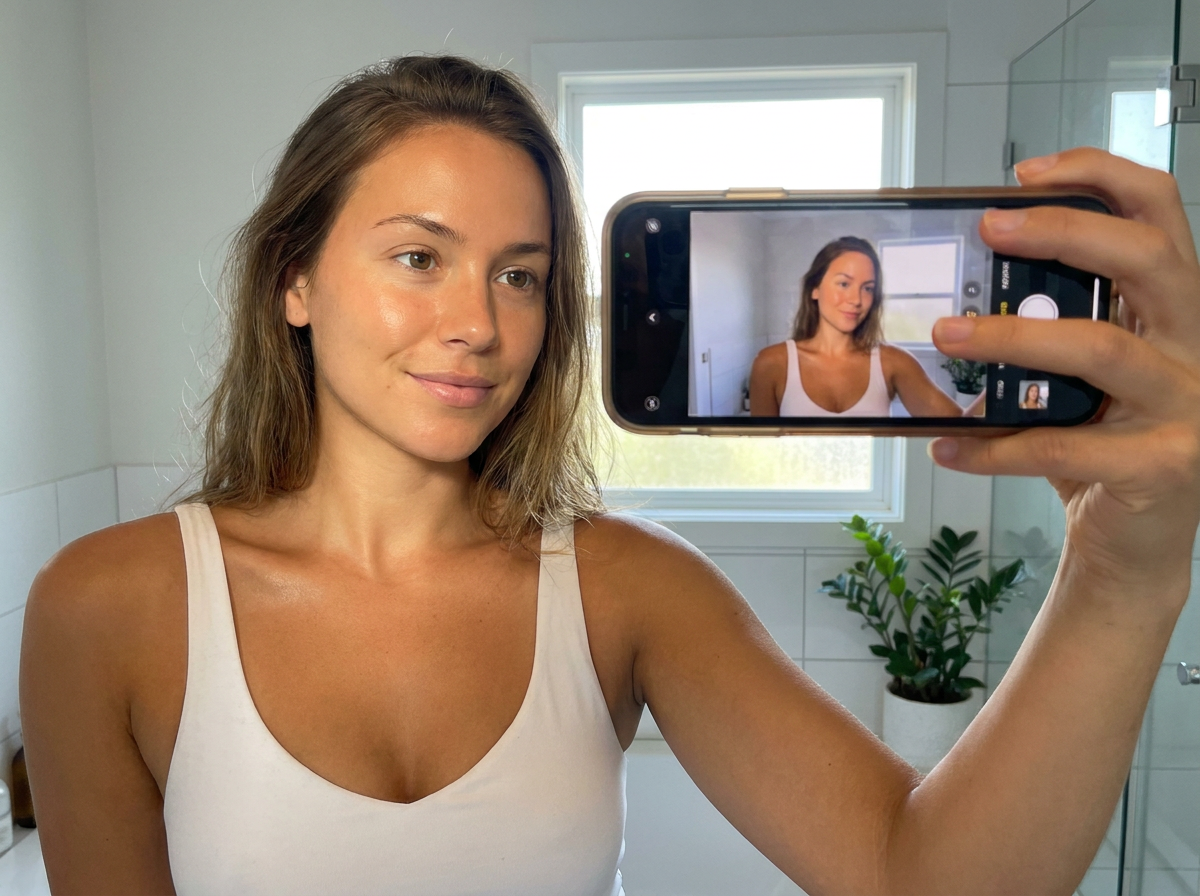 Customer selfie showing golden glow