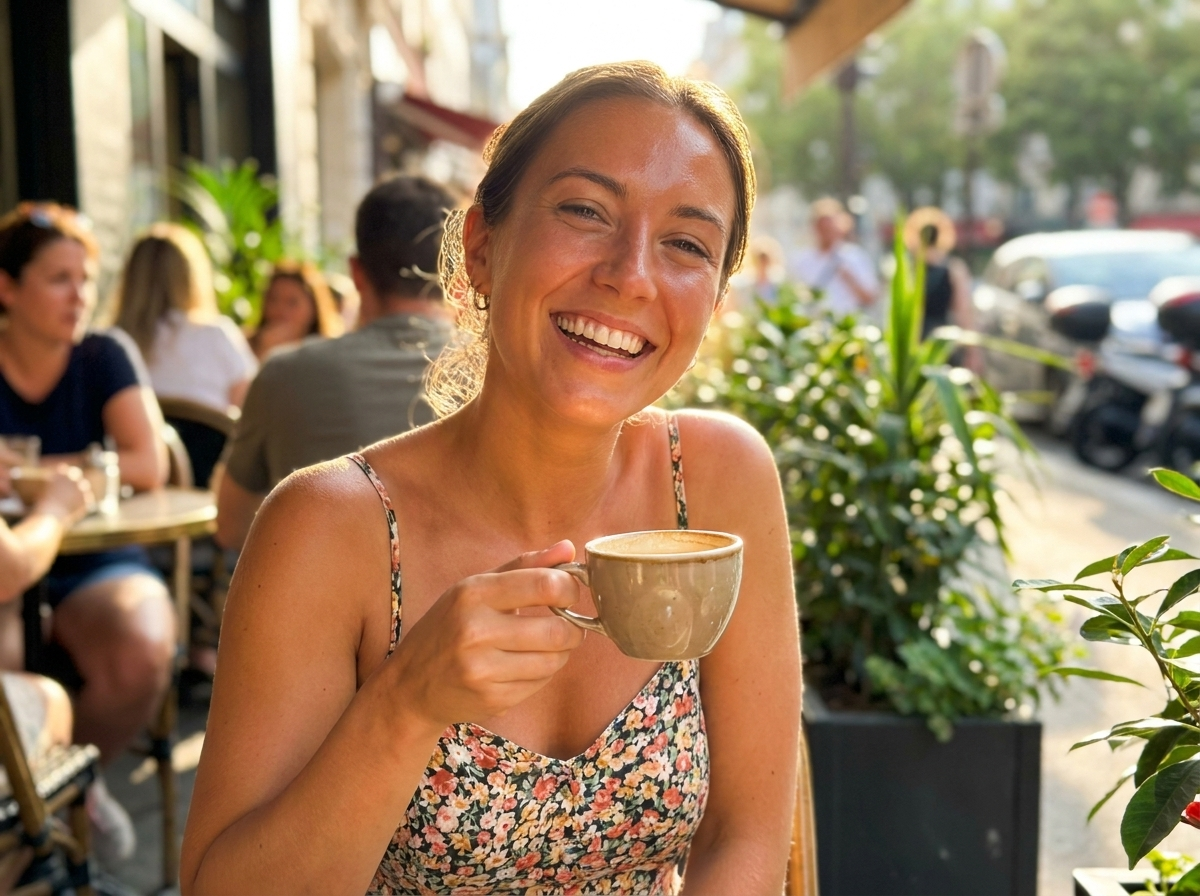 Customer at cafe with golden skin tone