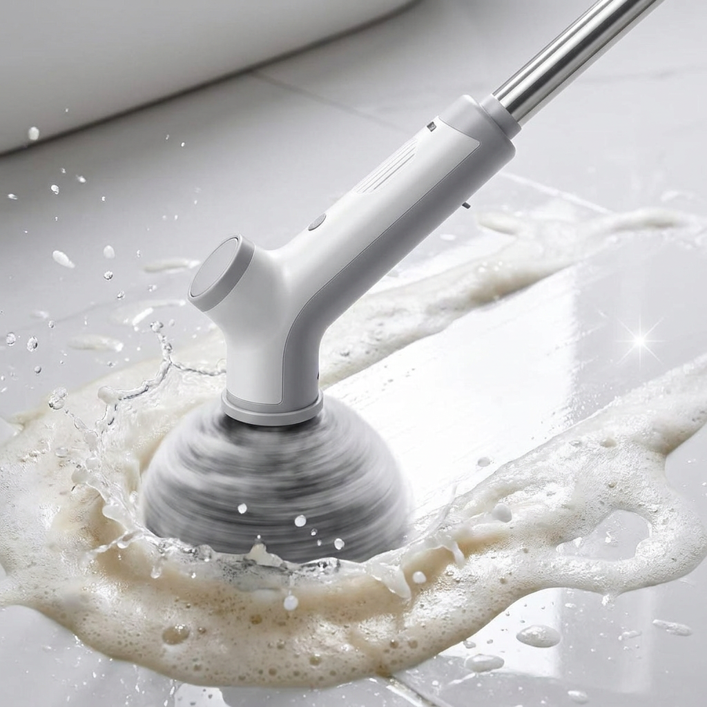 SOLV scrubber brush head cutting through foam suds on bathroom tile