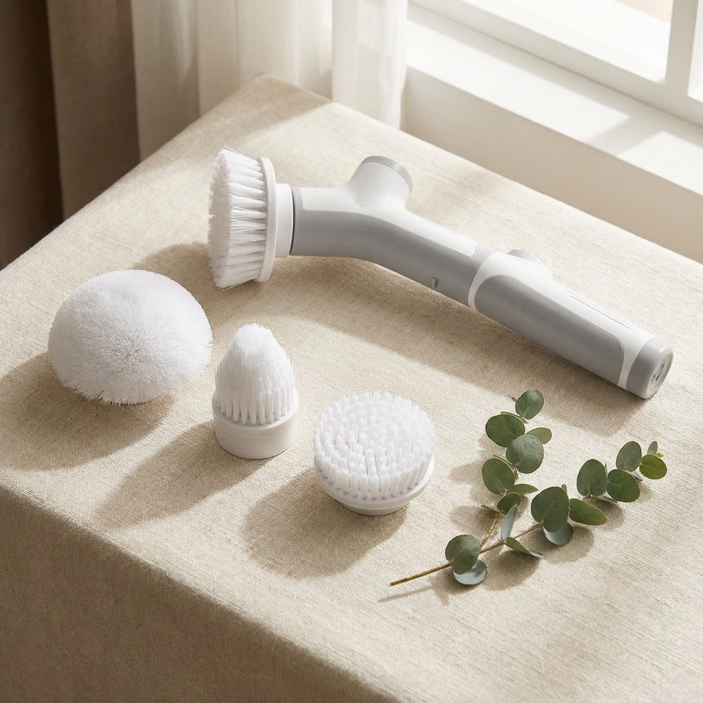 SOLV scrubber three brush heads flat-lay on bone linen