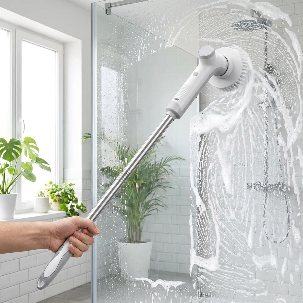 SOLV scrubber cleaning a soapy glass shower door