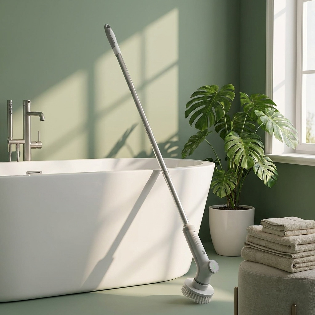 SOLV scrubber beside a freestanding bathtub in a spa-like bathroom