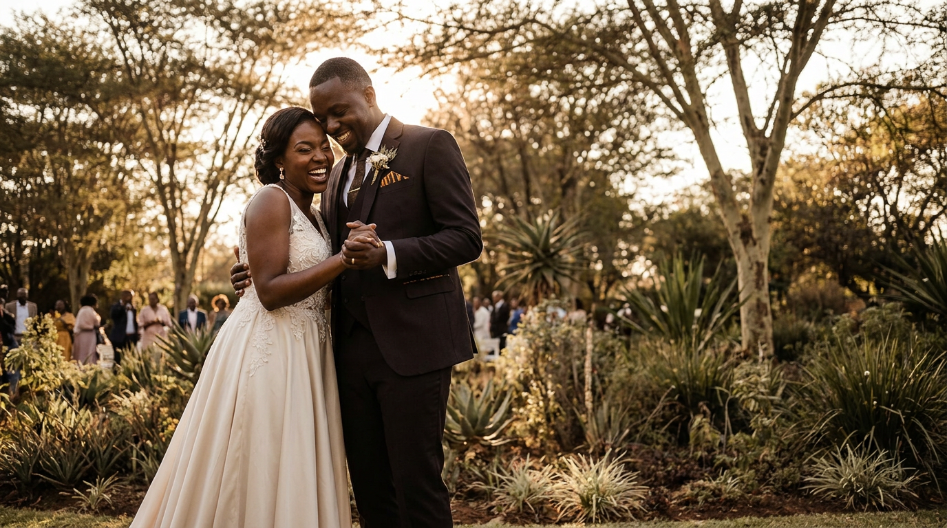 Black bride and groom at an elegant garden wedding