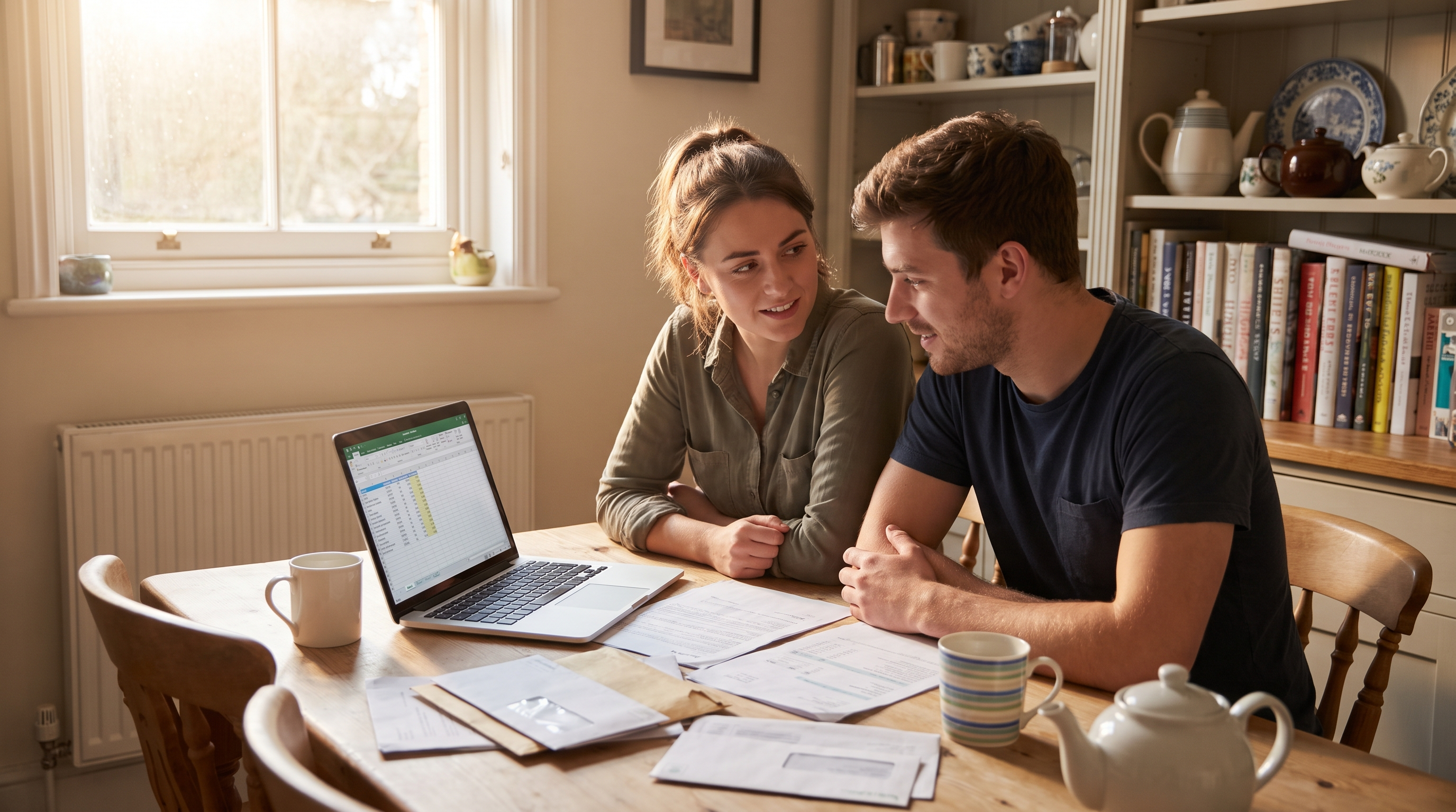 Couple reviewing bills at home