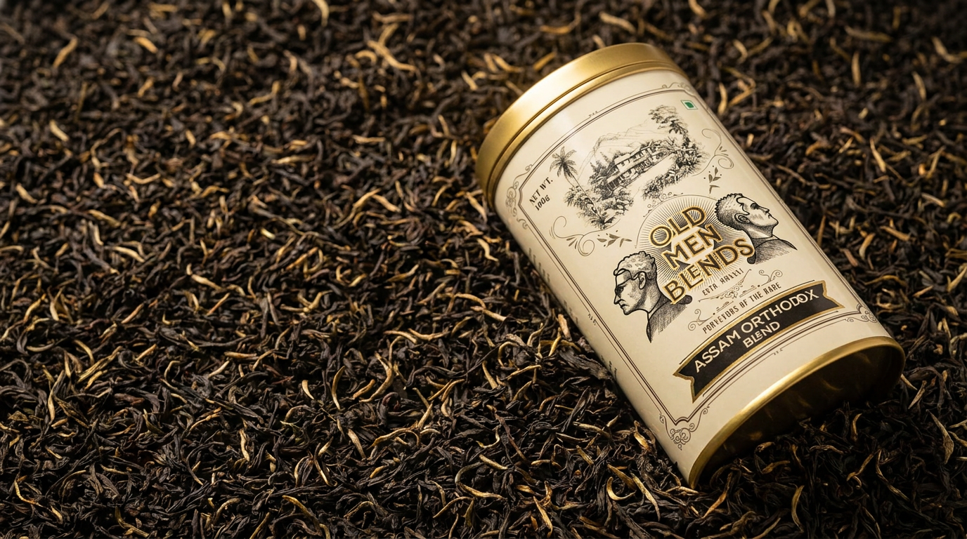 Assam Orthodox tin resting in loose tea leaves